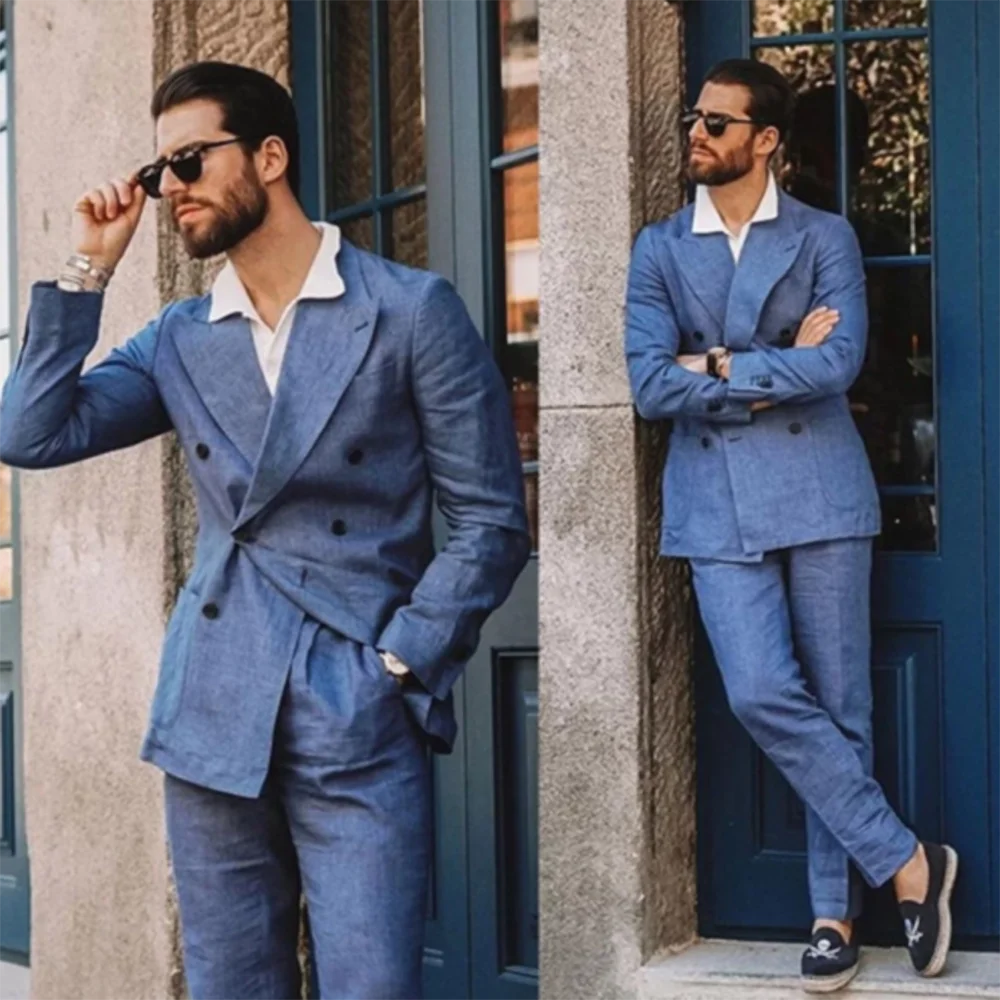 

Summer Linen Men Suits Blue Chic Peak Lapel Blazer Set Fashion Solid Double Breasted Casual Wedding Slim Male Suits 2 Piece