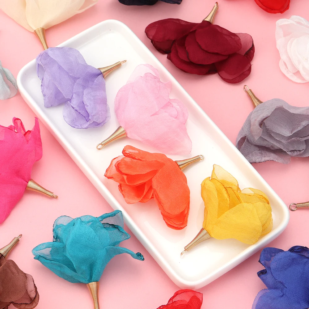 10Pcs/Lot 5cm Colorful Mesh Chiffon Flower Earrings Pendant For Ornament Making DIY Crafts Material Handmade Charm Accessories