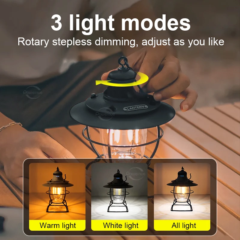 Retro Portable Camping Lantern 3 Lighting Modes USB rechargeable  Tent Light led multi-function outdoor party atmosphere light