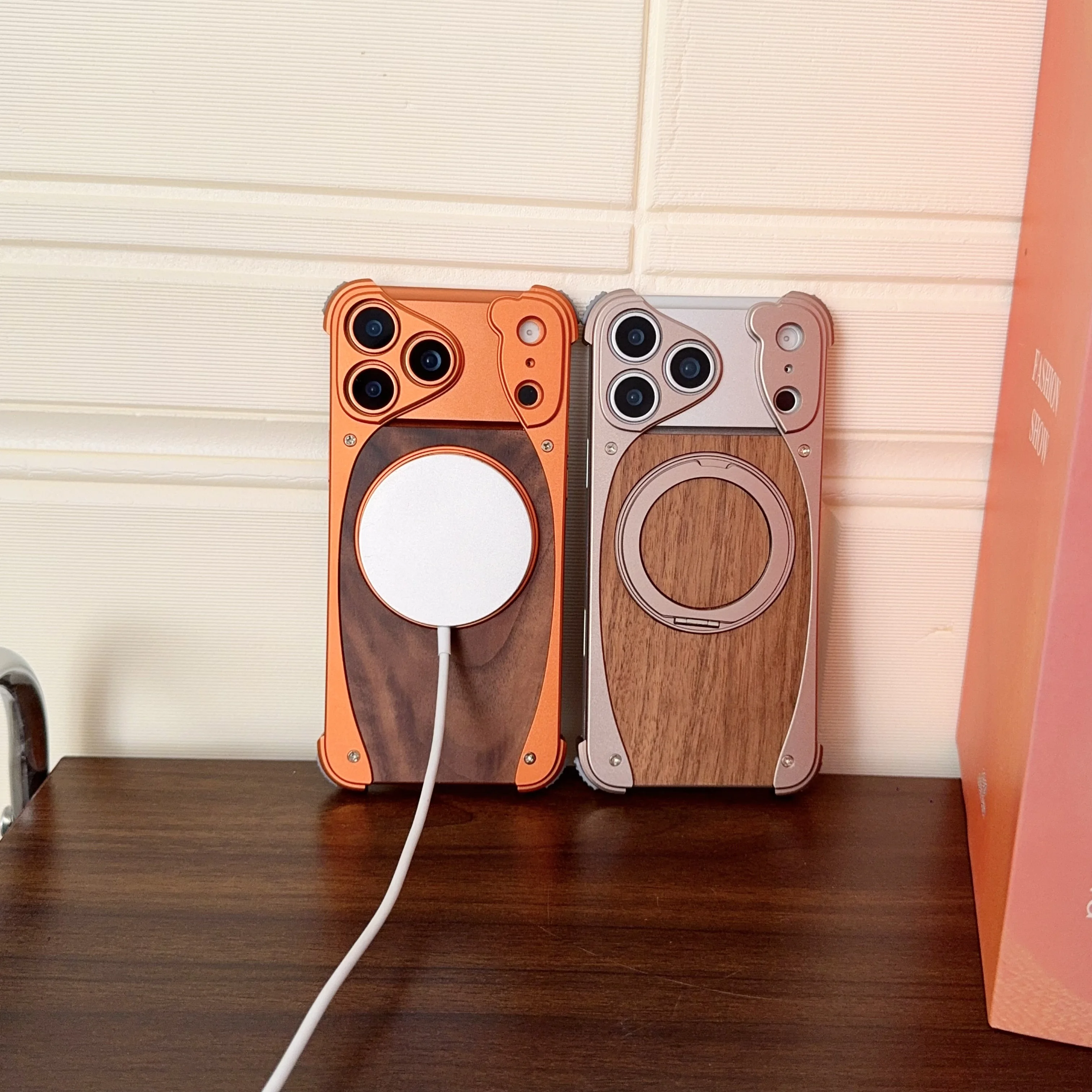 Luxury Metal Frame Walnut Wood Frameless Phone Case For iPhone 18 17 16 15 14 Pro Max Magsafe Magnetic Rotating Bracket Cover
