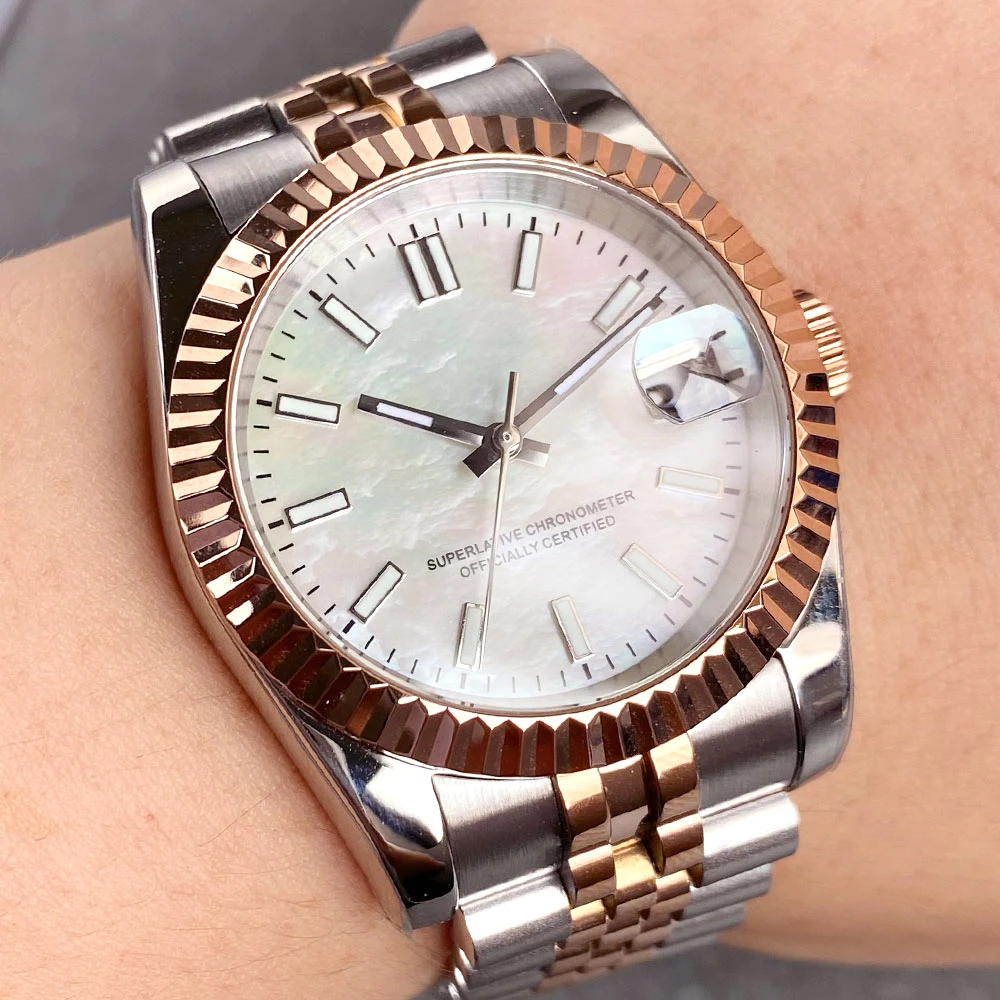 

Роскошный корпус из розового золота, белый перламутровый циферблат Tandorio 36 мм/39 мм NH35, мужские/женские механические часы, двухцветный стальной браслет