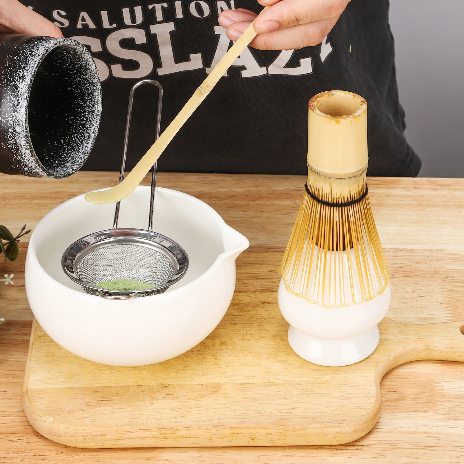 Matcha mixing tool with stainless steel sieve ceramic bowl bamboo brush to make matcha set