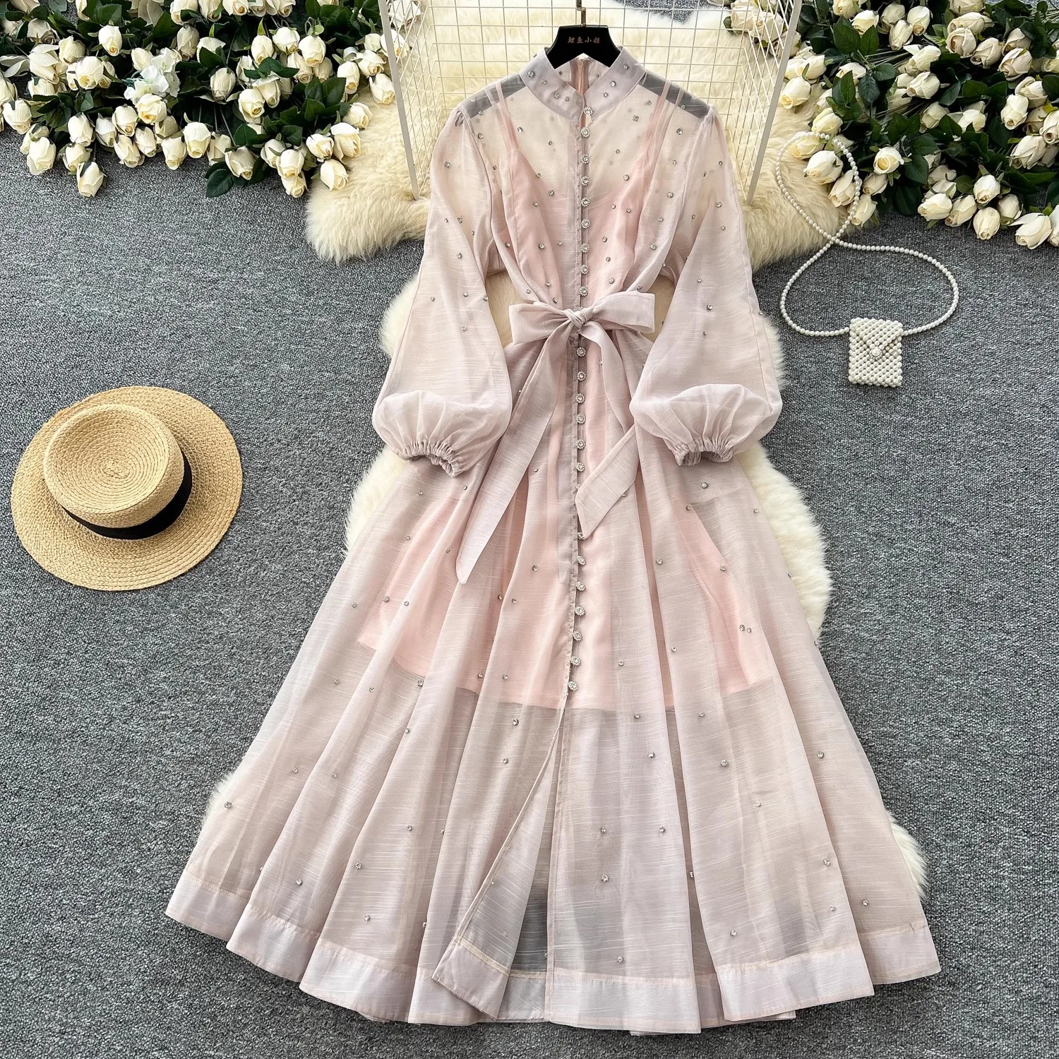 Luxury Banquet Evening Wedding Long Dress Women Lantern Sleeve Beaded Diamonds Single Breasted Sashes Mesh Vestidos Prom Robes