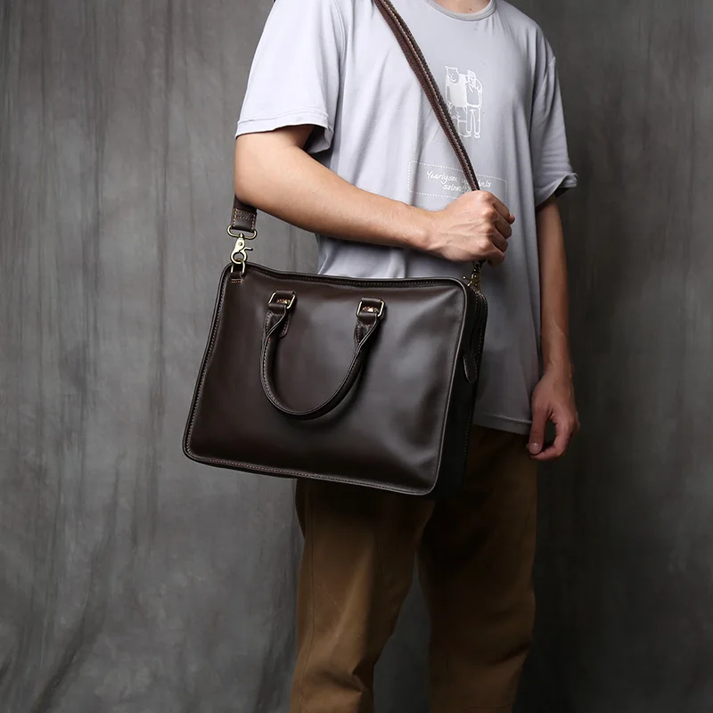 New Vintage Geuine Leather Horizontal Handbag Men's First Layer Cowhide Large Capacity Business Fashion Cross Body Briefcase