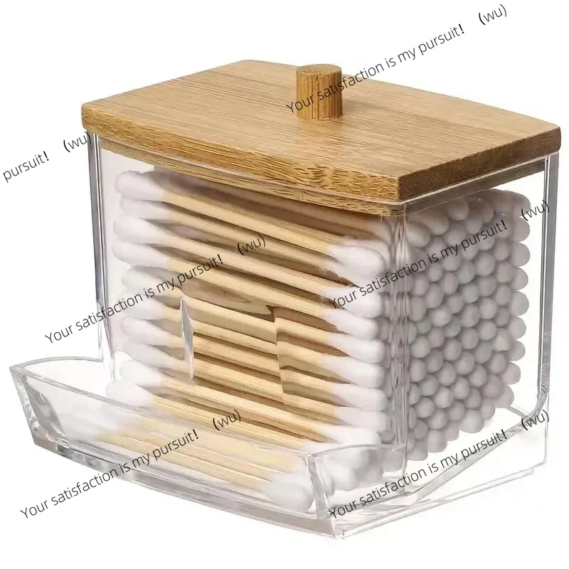 Double head cotton swab container, transparent square bamboo cover cotton swab toothpick finishing box