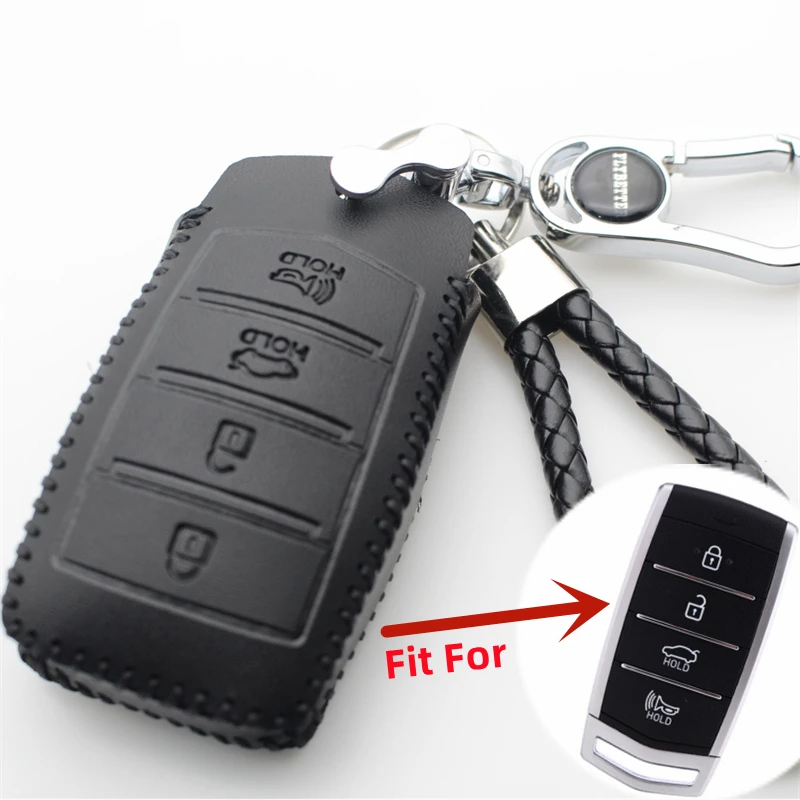 Genuine Leather 4Button Keyless Entry Smart Key Case Cover For Hyundai Genesis G70 G80 G90 EQ900 2017-2020