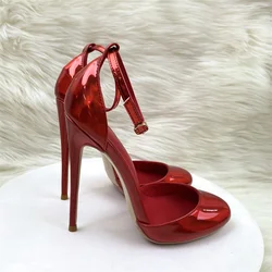 Keshangjia Laser red Patent Leather Women Ankle Strap Pumps 12cm High Heels Cute Mary Jane Red inside Stilettos Party Shoes