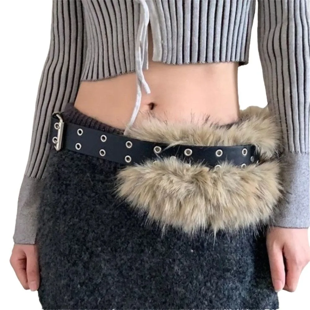 

Fashion Furry Fur Waist Belts Plush PU Leather Double Grommet Belt Y2K Waist Chain Girls