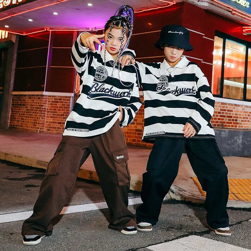 Children's Hip Hop Fashion Show Suits Sets Boys Grils Stripe Long Sleeve Tshirt Cargo Pants Kids Stage Costumes Dance Clothing