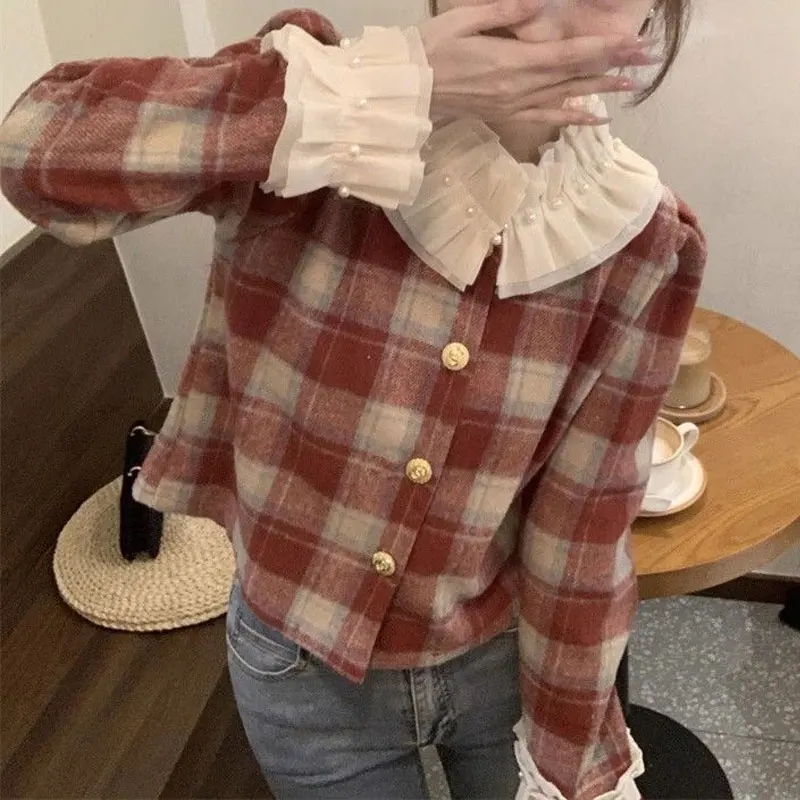 Vintage Plaid Ruffled Neck Coats Spring Autumn Stylish Patchwork Beading Women\'s Clothing French Style Single-breasted Jackets