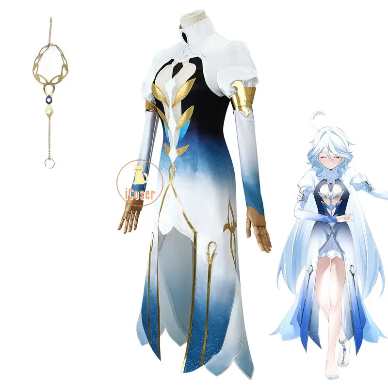 25COSGenshin تأثير Focalors Furina تأثيري حلي شعر مستعار فستان شيطاني الله موحدة خلخال إله العدالة حفلة الهالوين النساء Pr