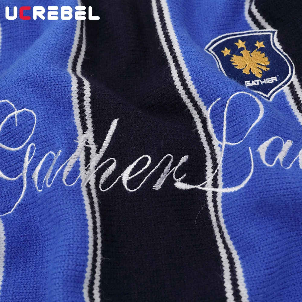 Contrast Striped Sweater Mens Letter Embroidery Autumn Winter High Street Lapel Long Sleeve Knitted Pullover Man