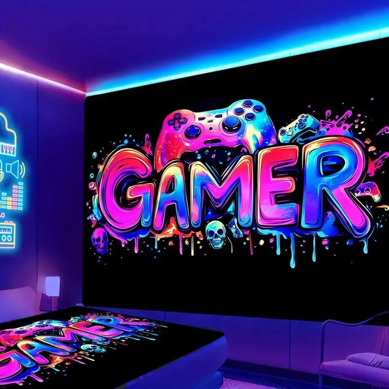 VIKAMA Neon Gamer Tapestry Blacklight UV Reactive Game Controller Glow Dark Wall Hanging Art for Boys Bedroom Gaming Room Decor