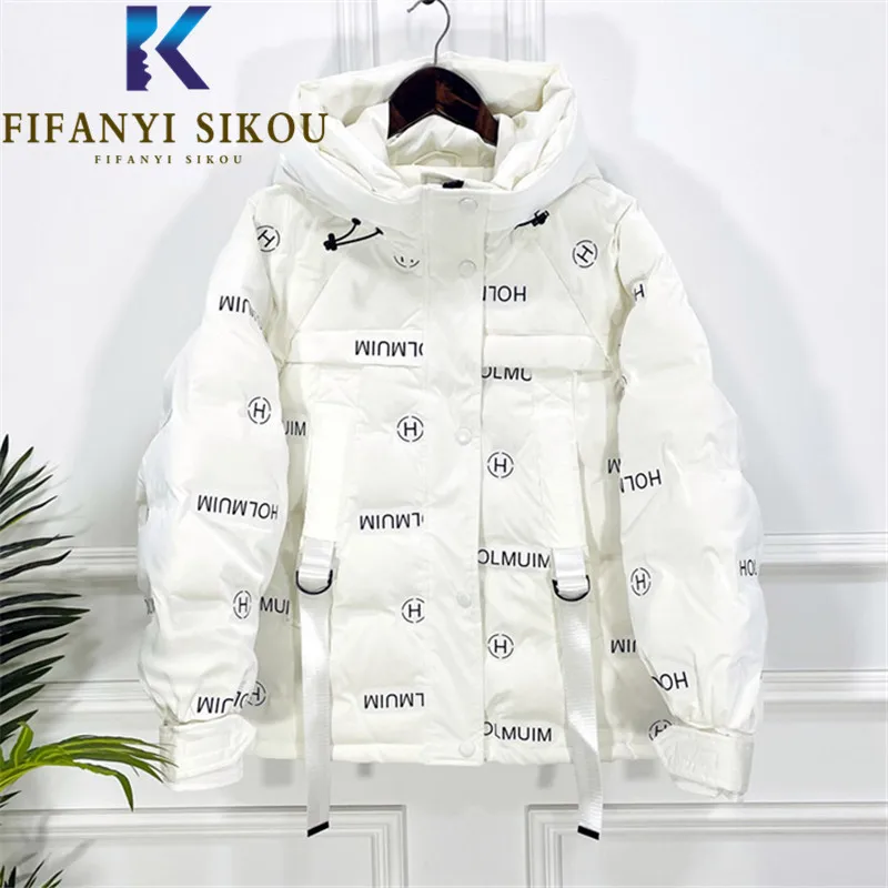 Letter Print Down Jackets Women Hooded Fashion Short Parkas Thick Warm Winter Jacket High Quality Loose Cotton Coat Female