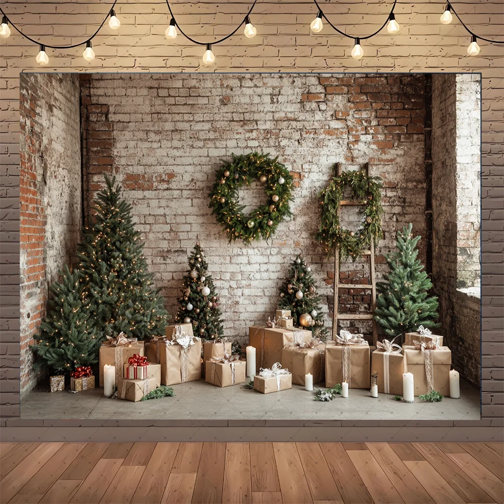 ฉากหลังถ่ายภาพซุ้มพวงหรีดคริสต์มาส ประกายกลิตเตอร์ ต้นคริสต์มาส ของขวัญ หน้าต่าง ฉากหลังฤดูหนาว สำหรับถ่ายภาพวันเกิดเด็กในสตูดิโอ
