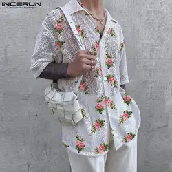 2024 Men Shirt Mesh Transparent Flower Printing Lapel Short Sleeve Summer Men Clothing Streetwear Fashion Casual Shirts INCERUN