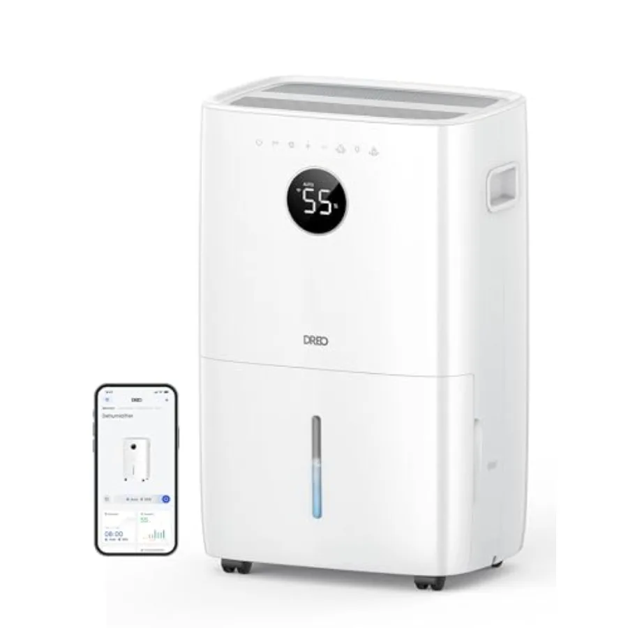 

Умный осушитель воздуха на 110 пинт для подвала, для больших помещений до 4500 кв. футов, с резервуаром для воды на 2 галлона, режимы Auto/Comfort/Constant, белый, с дренажным шлангом