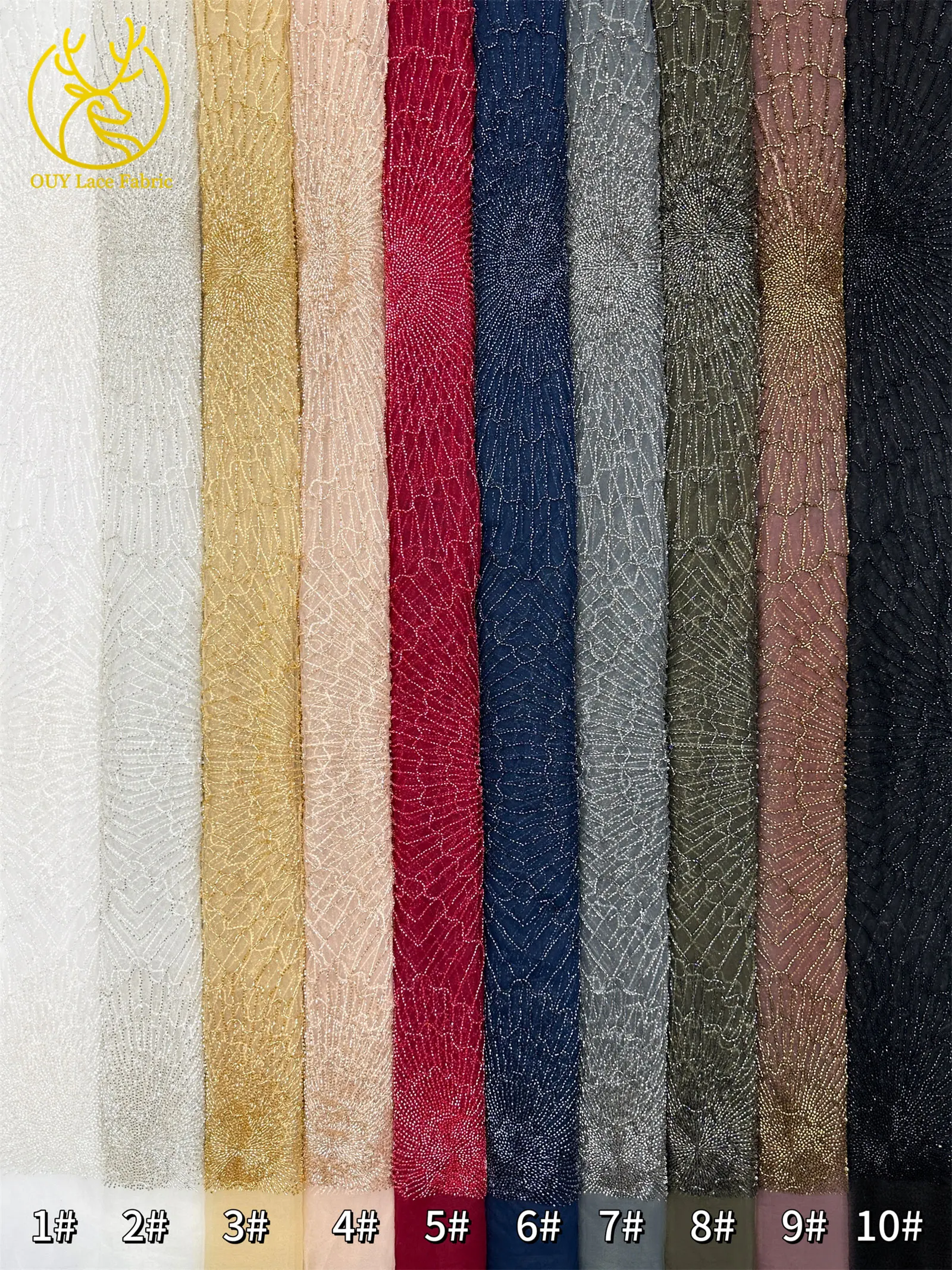 Luxuriöser afrikanischer, stark perlenbesetzter Spitzenstoff, goldene nigerianische Perlen-Spitze, französischer Tüll-Spitzenstoff für Brautkleider und Hochzeitskleider zum Nähen – Detail 35