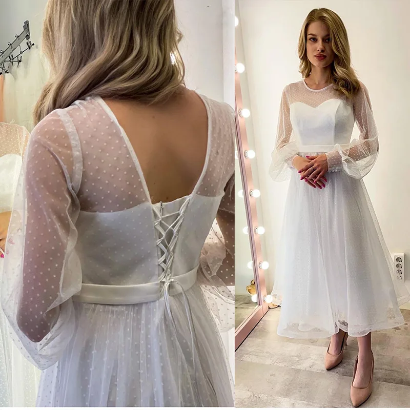 GUXQD Chá Comprimento Mulheres Vestidos de Casamento Puff Manga comprida Prom Party Vestidos Tule Elegante vestidos de noche robes de soirée