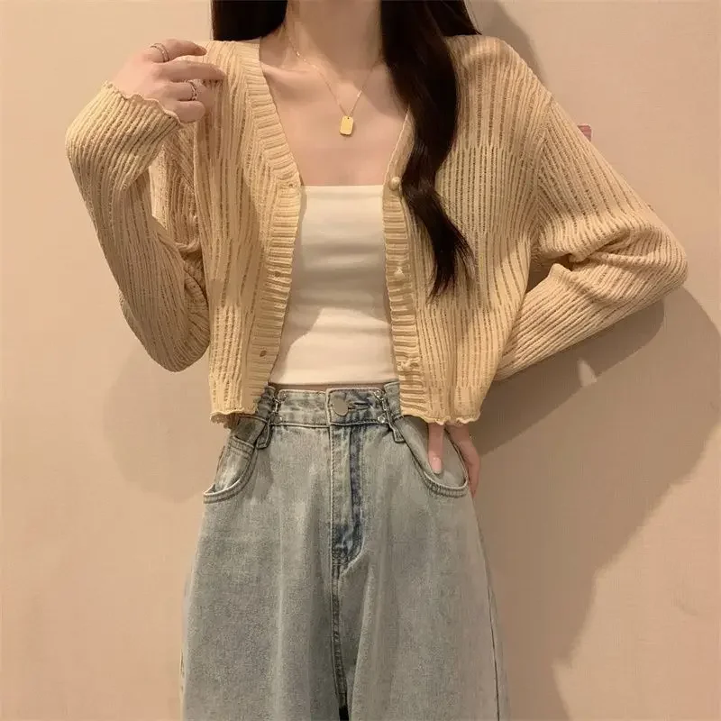 

Korean Fashion Cardigan Women Femme Solid Popular Comfortable Long Sleeve High Street Elegant Thin Summer Harajuku Soft V-neck