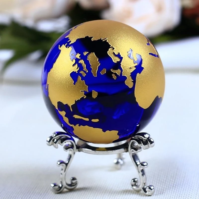 6cm Blue Gold Crystal Earth Model Glass Globe Crystal Ball Sphere Ornaments Figurine Home Decoration