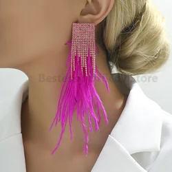 Fashion Long Feather Drop Earrings For Women Inlaid Shiny Crystal Luxury Elegant Tassel Design Ear Pendant Party Vintage Jewelry