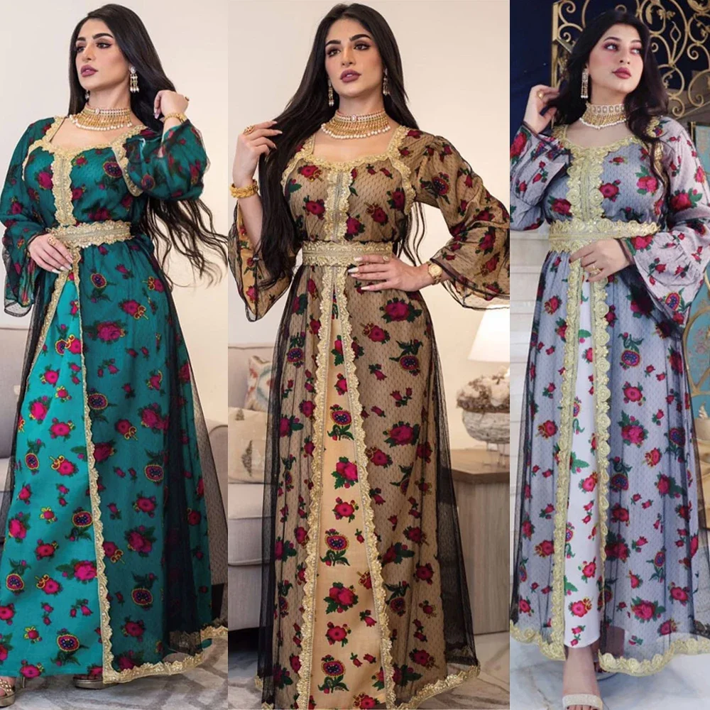 

Floral Print Long Dresses Kaftan Jalabiya for Women Mesh Muslim Arabic Loose Abaya Islamic Dubai Gulf Middle East Abaya Ramadan