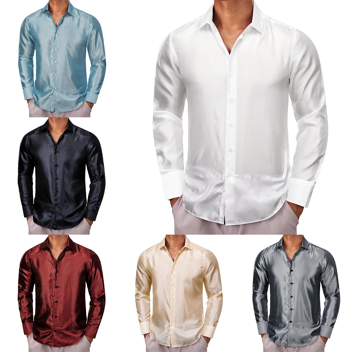 Silk Satin Shirts for Men Black White Red Blue Silver Gold Beige Solid Plain Long Sleeve Slim Fit Male Blouses Tops Barry Wang