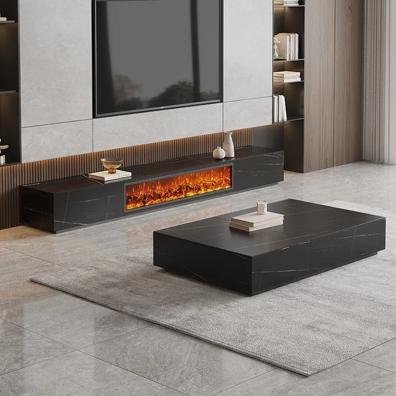 Italian Minimalist LED Electronic Fireplace TV Stand Simulated Flame Floor Cabinet Solid Wood Construction for Living Room Use