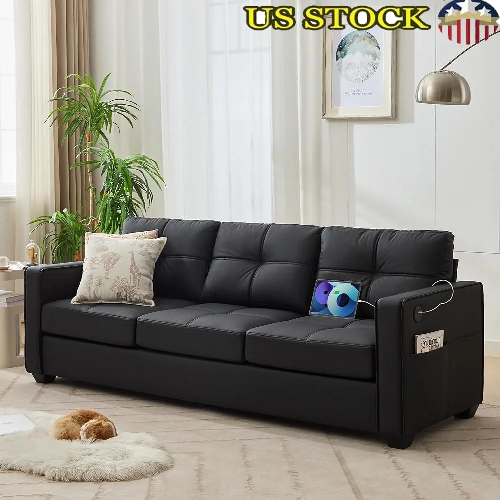 

Faux Leather Sofa Couch with USB Charging Modern Tufted Loveseat with Storage Compartments Living Room Office RV Relaxing