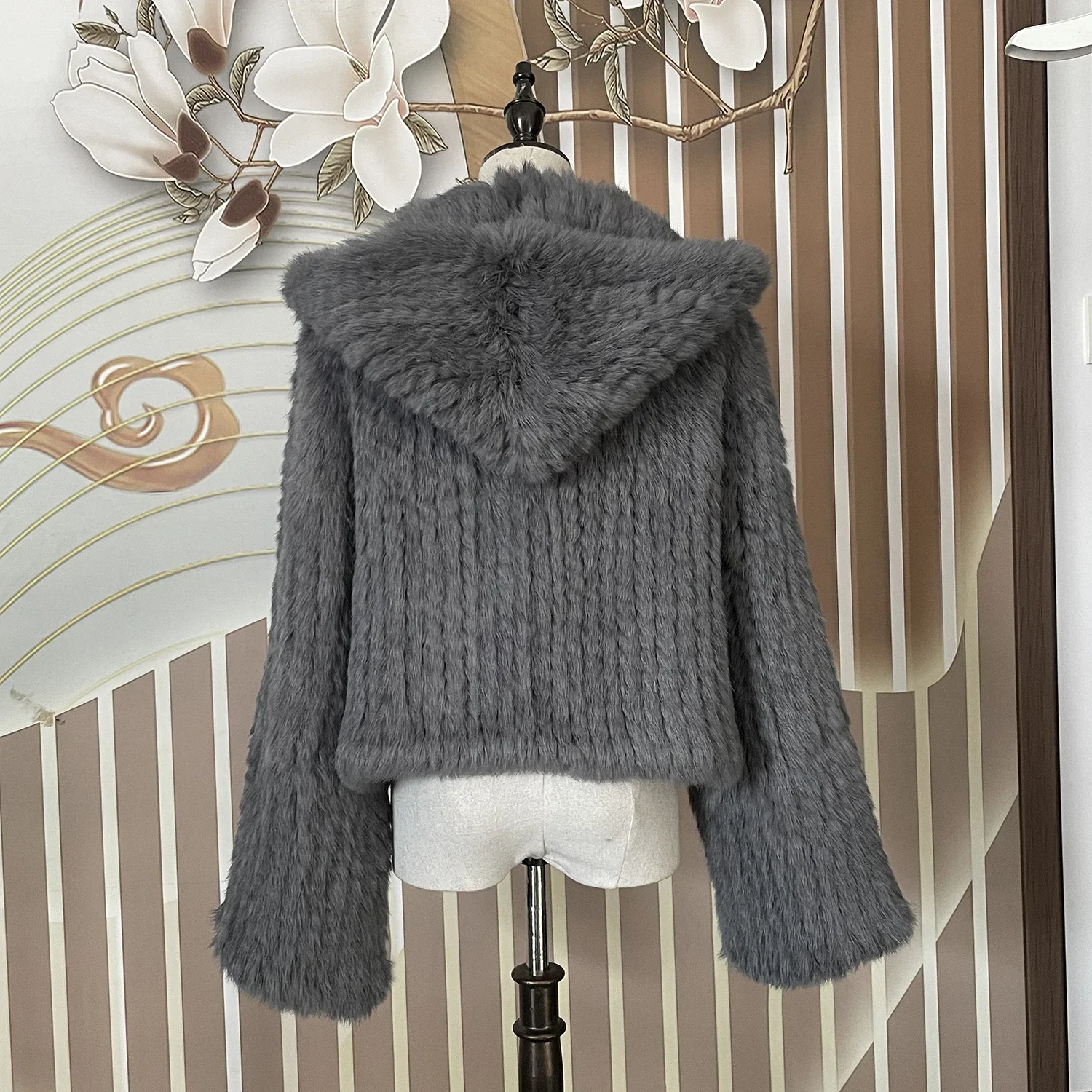 Real Rabbit Fur Hooded Coat Long Sleeve Women Casual Loose Knitted Genuine Fur Jacket With Hood Female Natural Fur Outwear