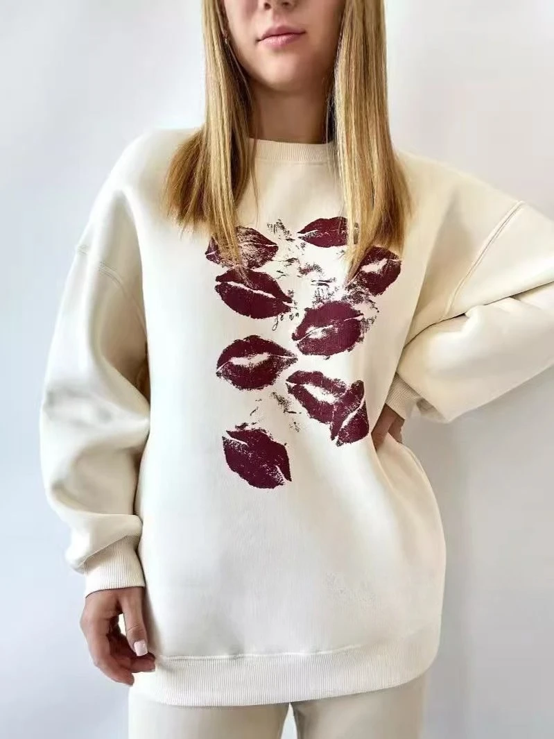 

100% Cotton Fashionable Printed Russian High Street Round Neck With Thick Fleece And Warm Women's Loose Casual Hoodie