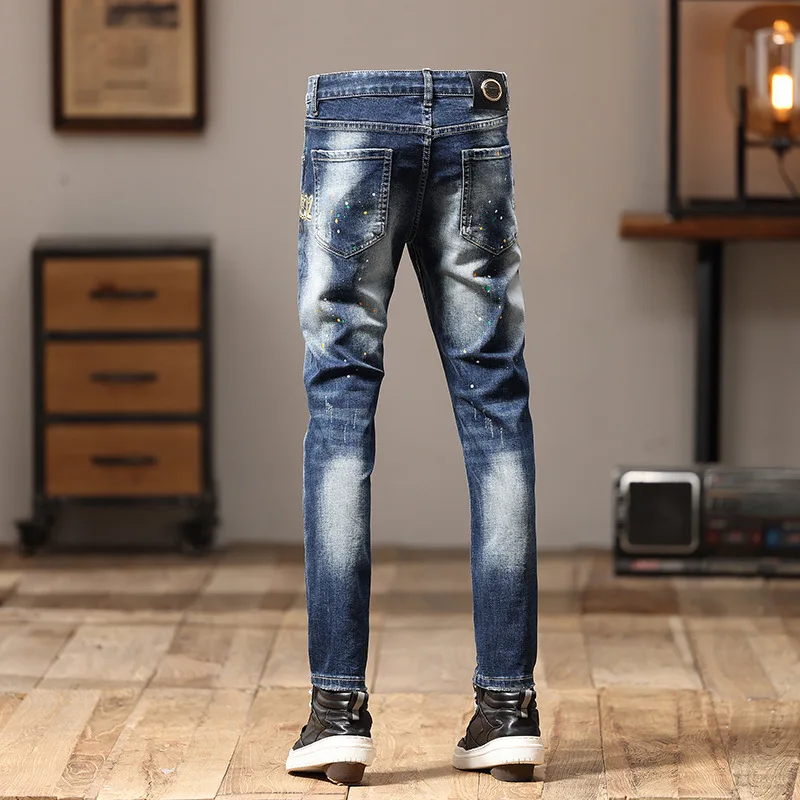 Retro Nostalgic Jeans Men\'s Ripped Embroidered Design Casual All-Matching Slim Fit Skinny Fashion Street Motorcycle Pants