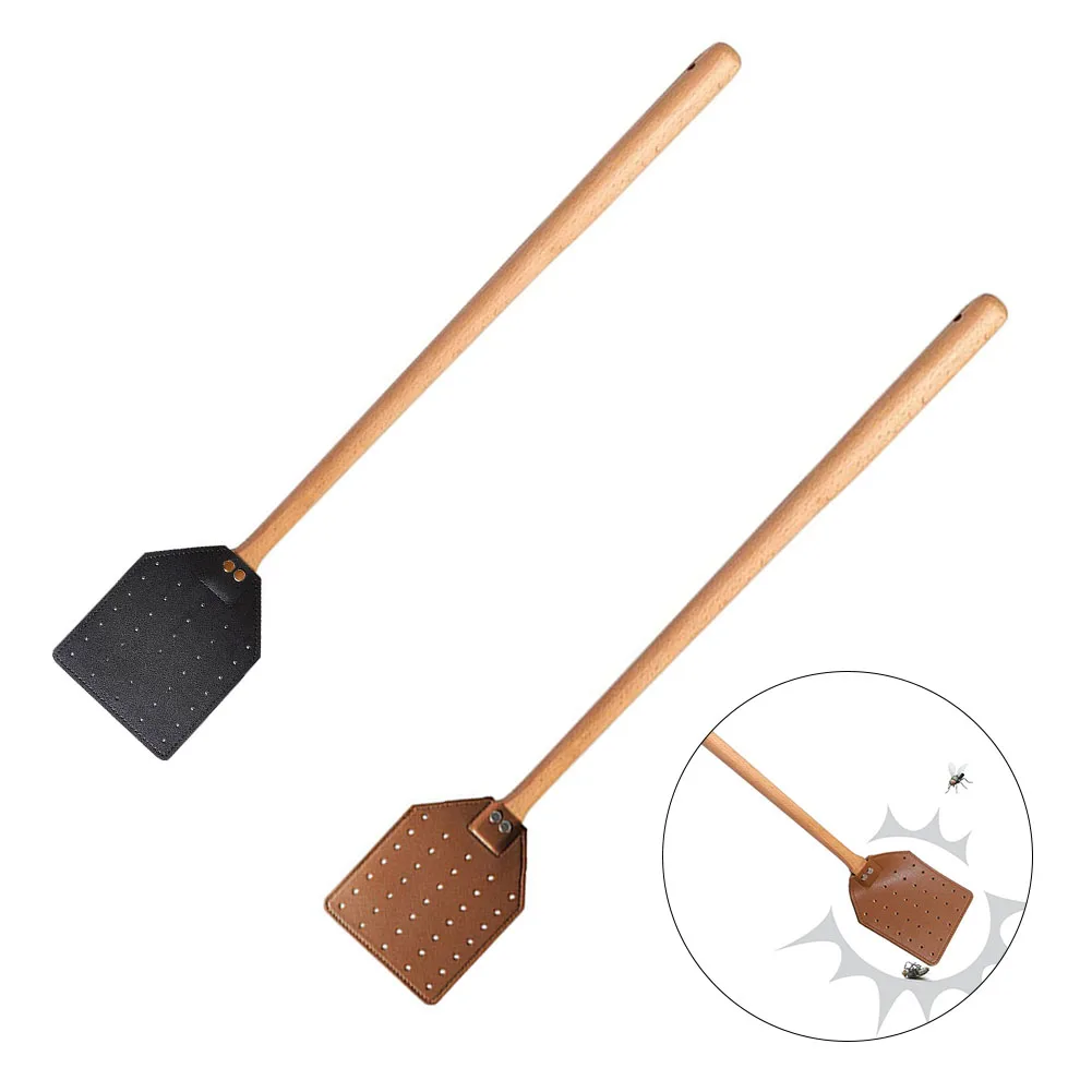 Couro Fly Swatter com Long Wood Handle, resistente Flyswatter durável, interior e exterior controle de pragas Rústico Swatter, 19"