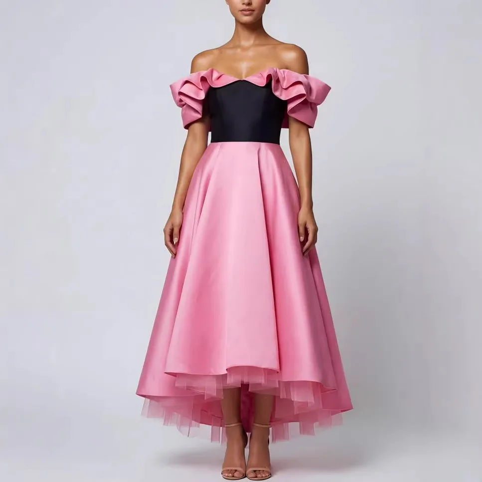 QMANSHA Maßgeschneidertes Rosa & Schwarzes Schulterfreies Couture-Abendkleid mit Rüschen aus Satin, A-Linie Midi-Festkleid für Hochzeitsgäste & Abschlussball – Detail 8