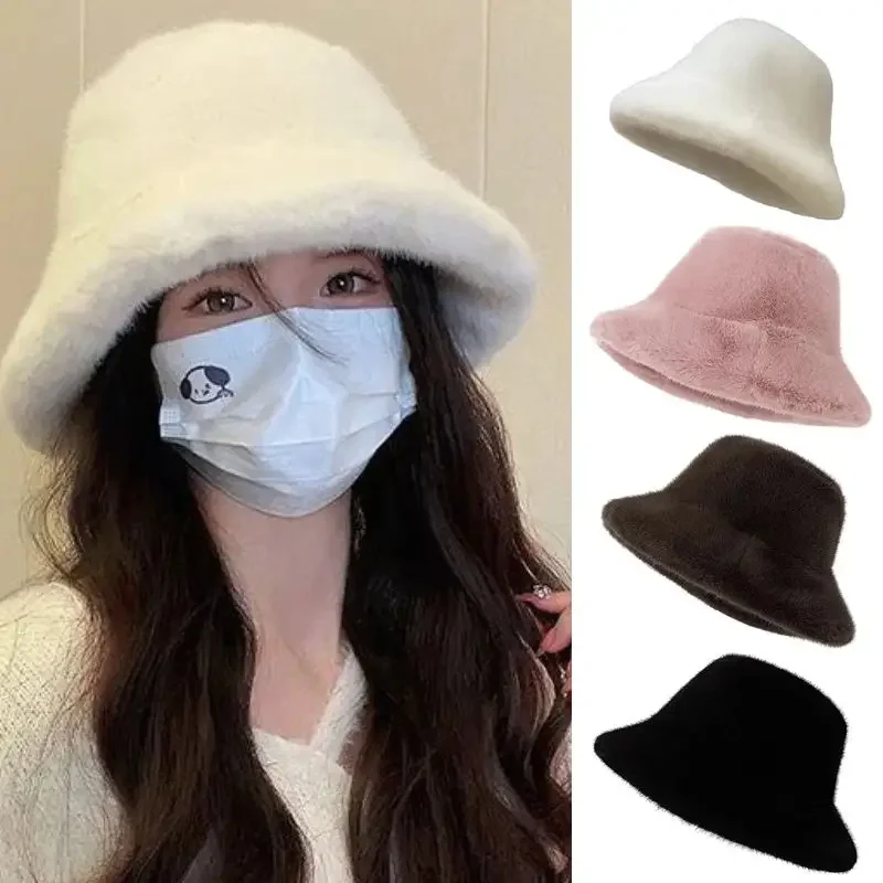Y2k Flauschige Warme Dicke Plüsch Eimer Hüte Frauen Kaninchen Fell Warme Faux Pelz Winter Hut Grils Ins Mode Pelzigen Panama Fischer Kappe