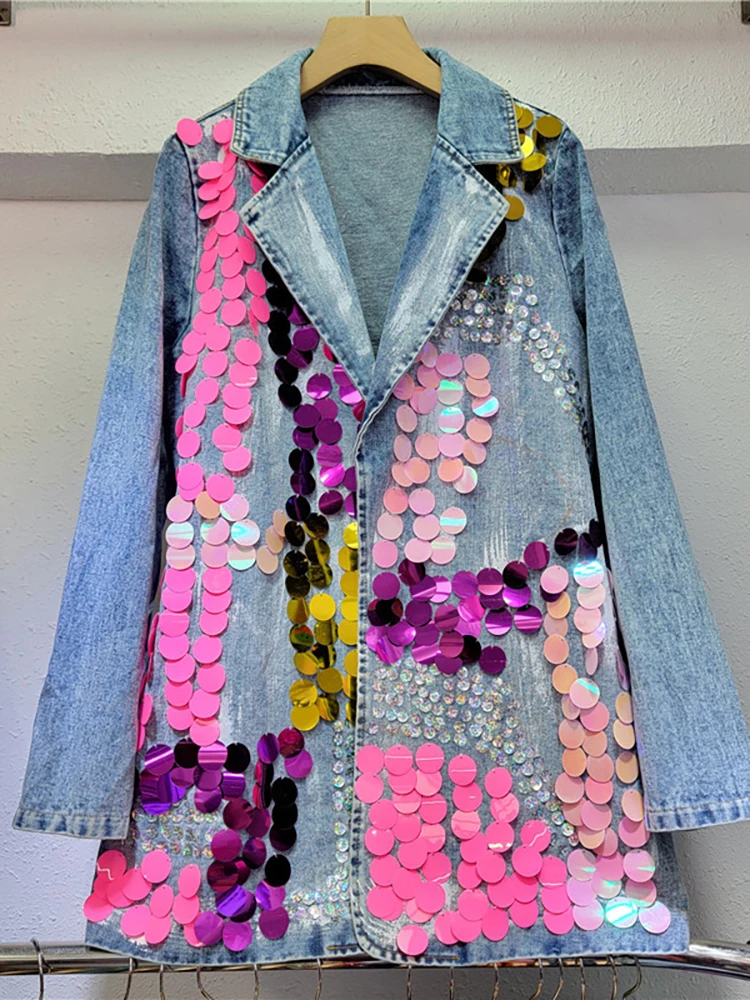 DEAT cappotto in Denim da donna con paillettes rosa cristallo monopetto Blazer asimmetrico dipinto a mano 2024 autunno nuova moda 29 l7127