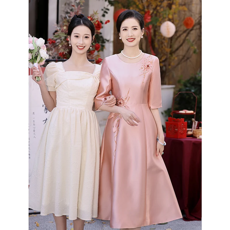 Elegant Round Neck A-Line Tea-Length Pink Satin Mother Of The Bridal Dresses With Sleevs Women Wedding Party Gowns