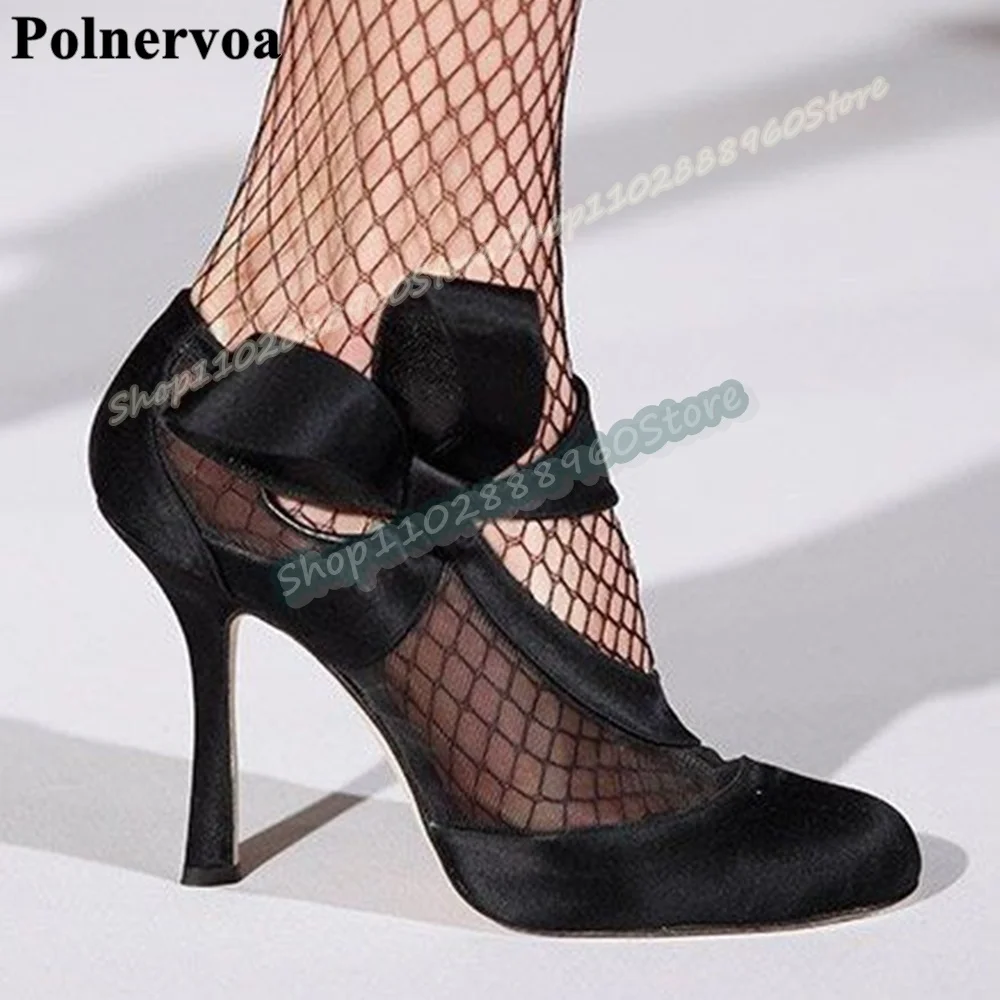 

Black Air Mesh Splicing Catwalk Pumps Thin High Heel Shoes For Women Slip On Round Toe Runway Banquet Stylish Zapatos Para Mujer