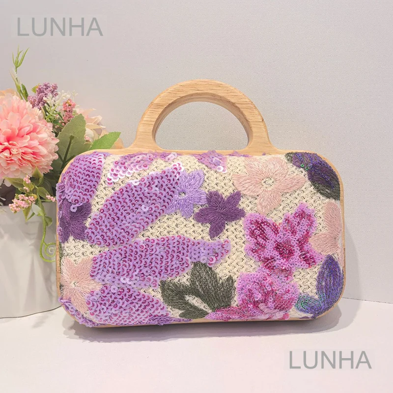 

Women Top-Handle Bags Handwoven Embroidery Shinny Sequins Handbags Wooden Handle Chain Shoulder Crossbody Bag for Party Wedding