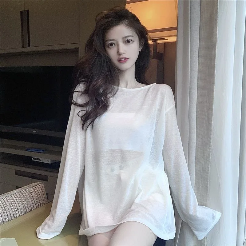 Camisetas transparentes de manga larga para mujer, camisetas informales cómodas que combinan con todo, estilo coreano, liso, transparente