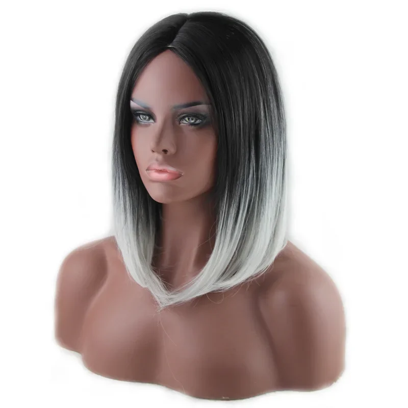 WHIMSICAL W Ombre Straight Bob nero grigio parrucca sintetica lunghezza spalla parte centrale Cosplay capelli per donna resistente al calore