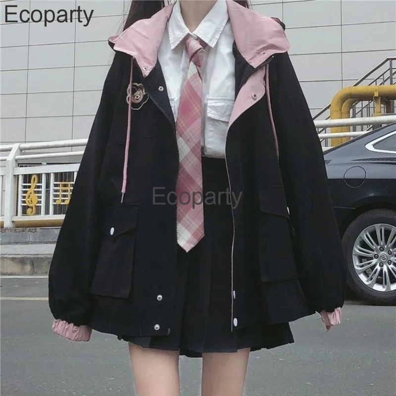 2023 Japanese Kawaii Jacket For Women Autumn Autumn Pink Preppy Style Oversized Hooded Coat Korean Fashion Casual Outwear Girls