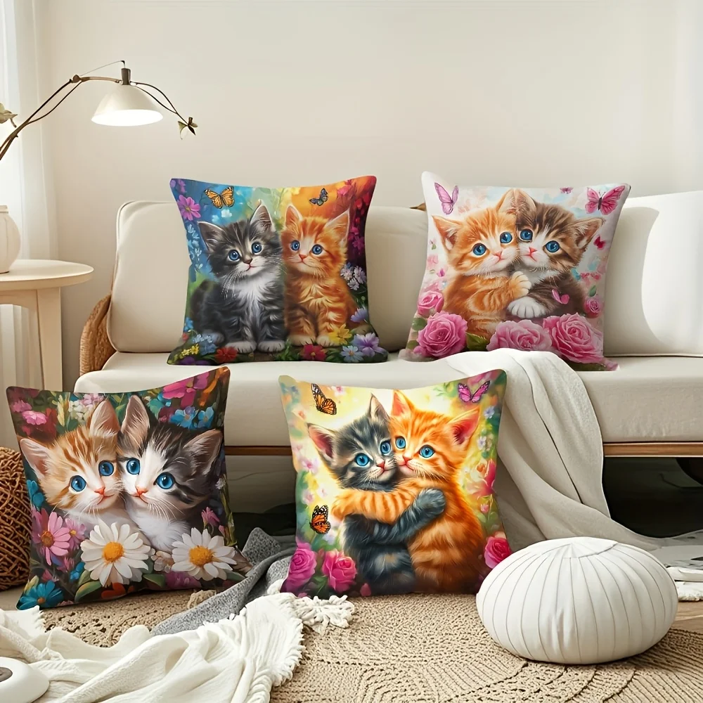 4Pcs Cute Cat Floral Butterfly Print Pillow Covers - Polyester Material, Machine Washable, Zipper Closure, Suitable for Various