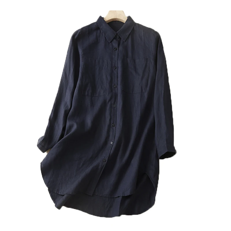 가을용 면 린넨 칼라 싱글 버튼 롱 슬리브 루즈핏 중간 길이 단색 다용도 여성용 프리...