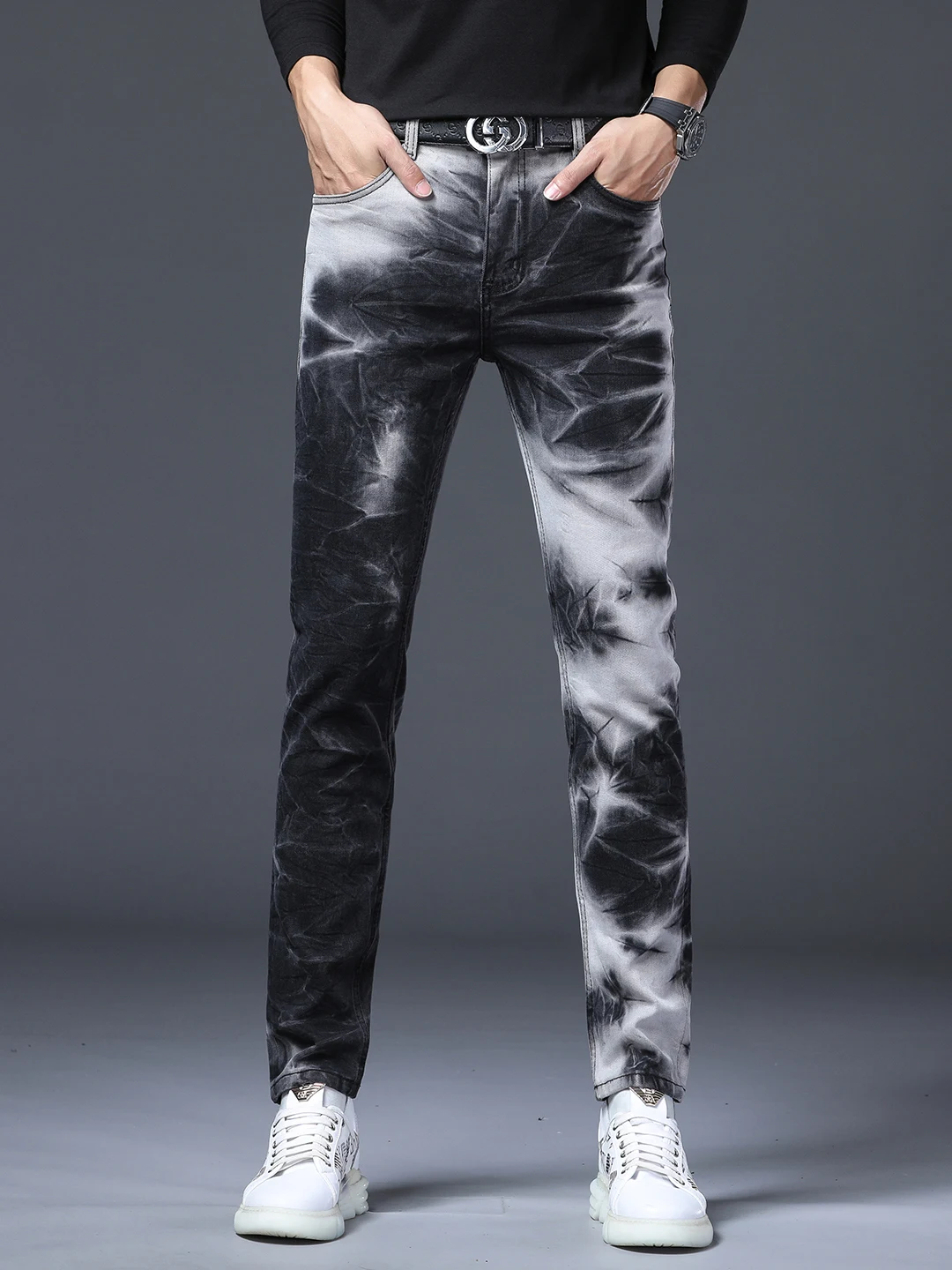 

High-End Trendy Brand Men's Slim Fit Gradient Dyed Patchwork Jeans Cotton Elastic Denim Pants Casual Outdoor Wear Autumn Spring