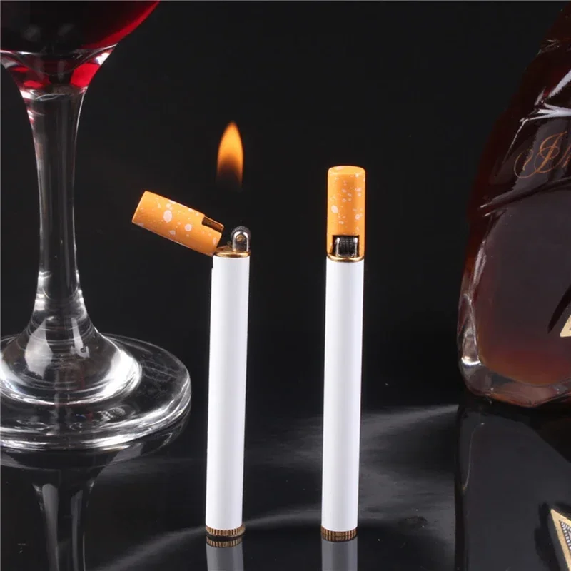 Creative Metal Cigarette Shaped Lighter Grinding Wheel Pocket Mini Windproof Lighter Outdoor Butane Gas Lighter Smoking Gadgets