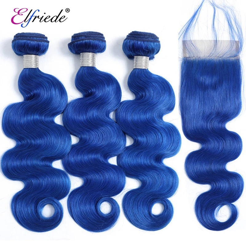 

Elfriede #Blue Body Wave Hair Bundles with Closure Brazilian Remy Human Hair Weaves 3 Bundles with 4X4 Transparent Lace Closure