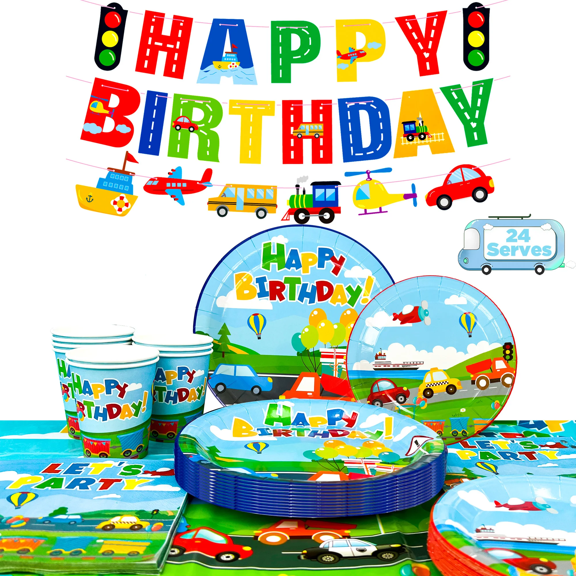 Set di stoviglie a tema trasporti per feste, 104 pezzi, articoli per feste di compleanno a tema trasporti: striscione decorativo, tovaglia, piatti, tovaglioli, ecc. Articoli per feste di compleanno a