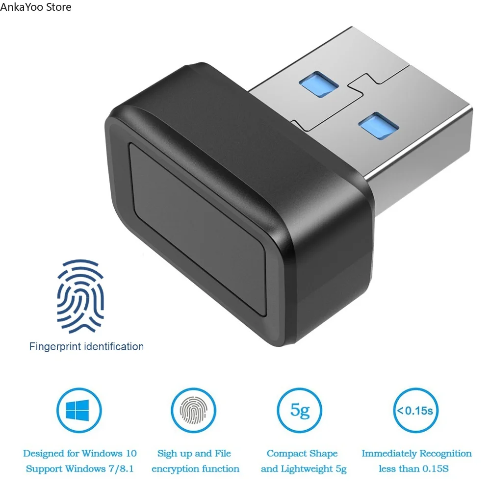 

USB Fingerprint Key Reader FIDO U2F Biometric Mini Security Key Dongle Windows Hello Anti-Spoofing 360° Touch for PC Or Laptop